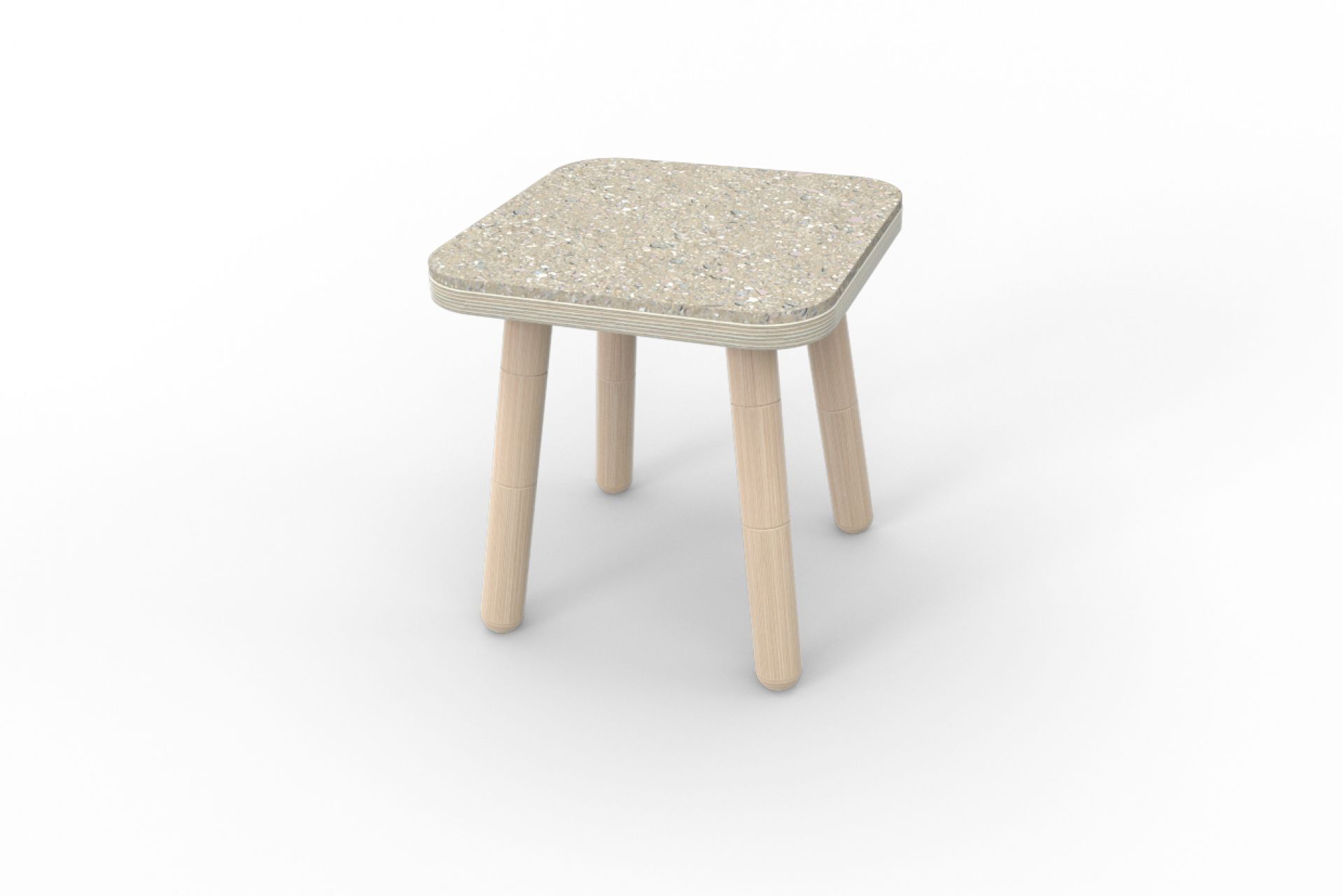 Quadratischer Hocker mit beiger Sitzfläche und hellen Holzbeinen, passend für Growing Table.